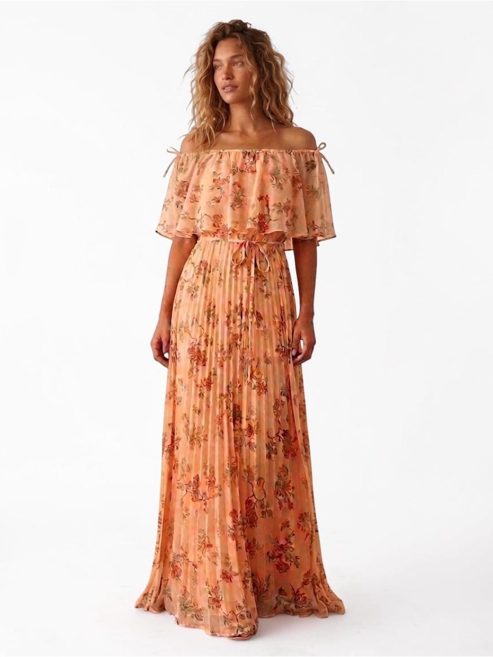 Vintage 1970s Peach Floral Maxi Dress, Wedding Guest Dress, Garden Party